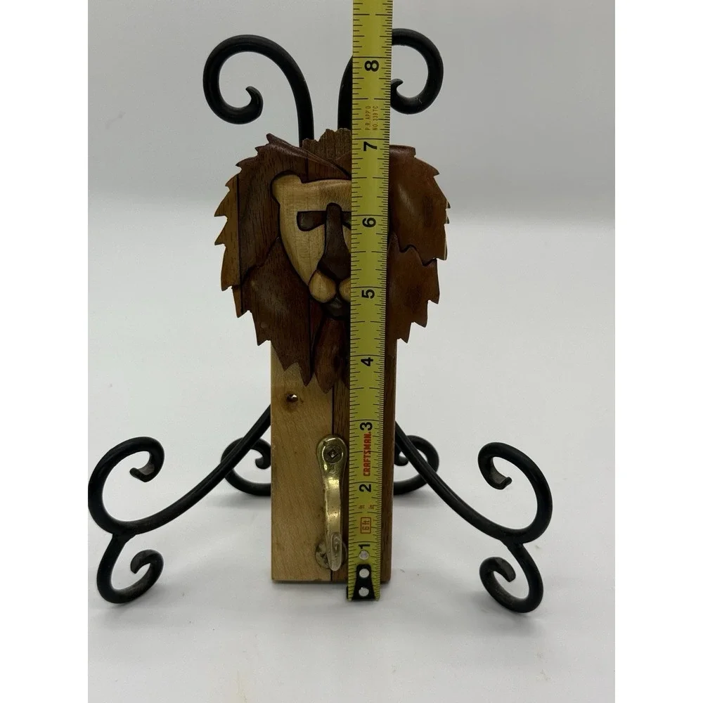 Hand Carved Wooden Lion Wall Hook Key Holder Brass Coat Hook Folk Art 8.5